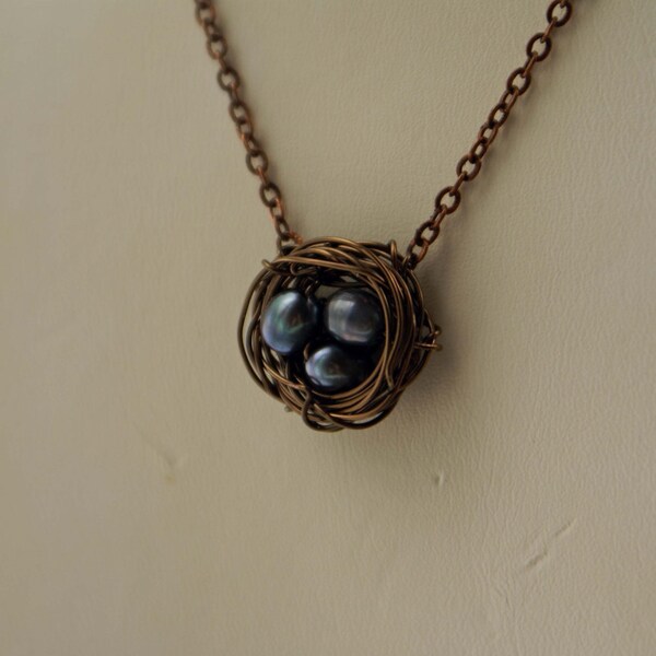 Antique Brass Bird Nest Necklace With Blue Pearl Eggs