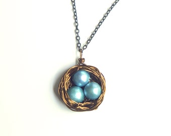 Large Antique Brass Bird Nest Long Necklace with 1-4 Blue Pearl