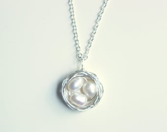 Sterling Silver and White Freshwater Pearls Nest Long Necklace