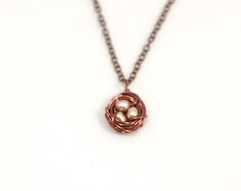 Tiny Copper Bird Nest Necklace with Three Pink Freshwater Pearls