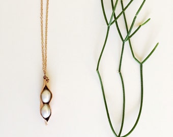 Made to Order Hand Forged Copper and Pearl Pea Pod Long Necklace, 1-5 Pearls