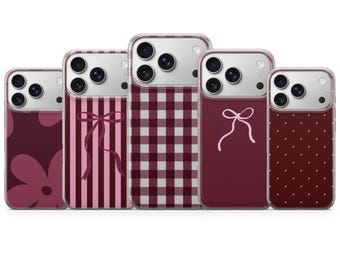 Bordeauxrood telefoonhoesje met stippen en strik voor iPhone 17 Pro Max, 16e, 15, 14, 13 en Samsung S26 Ultra, S25 FE, A57, A56, Pixel 10, 9A