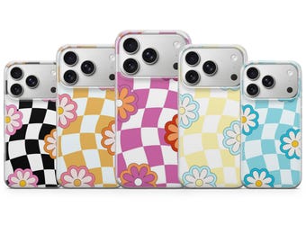Spring Flower-telefoonhoesje Groovy Checkered Cover voor iPhone 17 Pro Max, 16e, 15, 14, 13 en Samsung S26 Ultra, S25 FE, A57, A56, Pixel 10, 9A