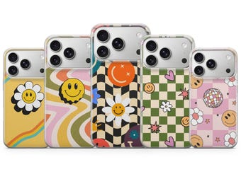 Retro Smiley-telefoonhoesje Groovy Summer Cover voor iPhone 17 Pro Max, 16e, 15, 14, 13 en Samsung S26 Ultra, S25 FE, A57, A56, Pixel 10, 9A
