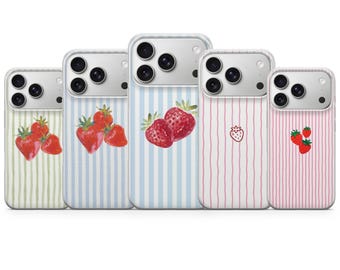 Gestripte telefoonhoes Strawberry Summer Cover voor iPhone 17 Pro Max, 16e, 15, 14, 13 en Samsung S26 Ultra, S25 FE, A57, A56, Pixel 10, 9A