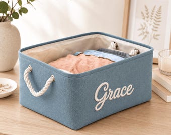 Personalized Embroidered Storage Basket,Custom Name Fabric Storage Bin, Nursery Toy Basket, Baby Shower Gift, Kids Room Decor