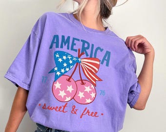 America Sweet & Free Shirt, Patriotic Cherry Bow Tee, 4th of July Shirt, Retro USA Cherry Tee, Coquette America Top, Comfort Colors Shirt
