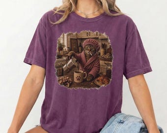Funny Housewife Cat Shirt, Coffee Cat Shirt Vintage, Cozy Cat Aesthetic Tee, Funny Kitty Gift, Cat Lover Gift, Retro Coffee Cat Tee