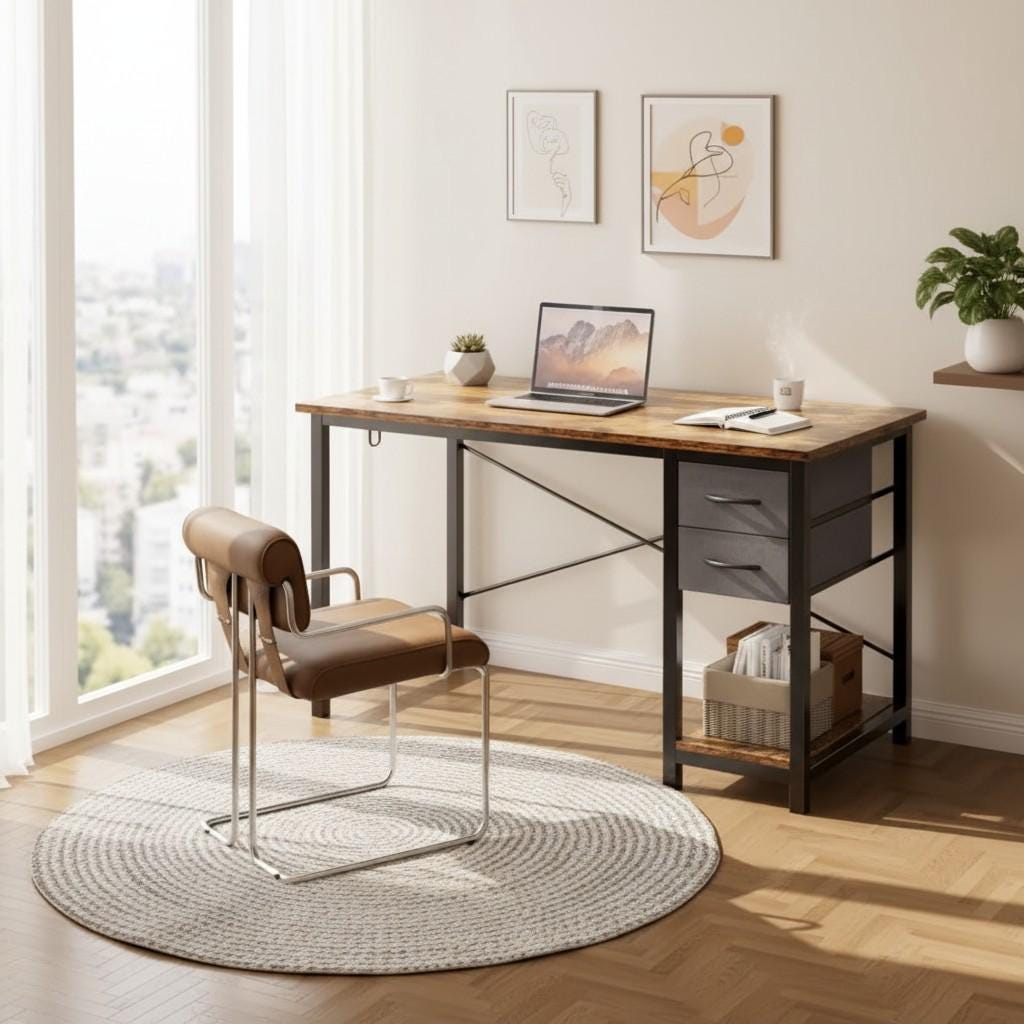 47 Inch Modern Computer Desk With Drawers, Storage Shelf, Study Work ...