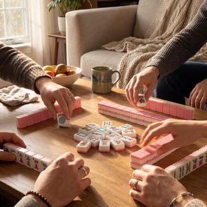 May include: A group of people playing mahjong on a wooden table. The game features pink and white tiles with various symbols and characters. Several hands are visible, arranging and selecting tiles. Mugs and a bowl of fruit are also on the table.