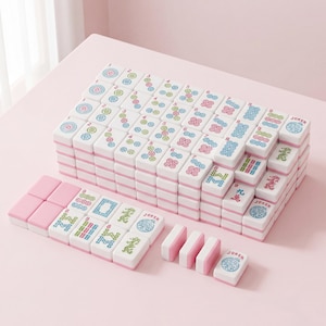 May include: A complete Mahjong set with white tiles featuring colorful symbols and numbers. The tiles have pink edges and are arranged on a pink surface. Includes pink tile racks and dice.