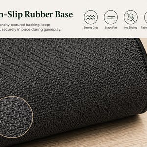 Op de afbeelding: Een zwarte mat met een rubberen basis met hoge dichtheid en textuur. De tekst luidt Non-Slip Rubber Base, High-density textured backing keeps the mat securely in place during gameplay, Strong Grip, Stays Flat, No Sliding, Table Protection.
