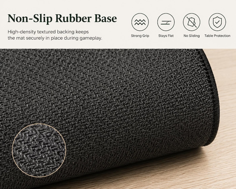 Op de afbeelding: Een zwarte mat met een rubberen basis met hoge dichtheid en textuur. De tekst luidt Non-Slip Rubber Base, High-density textured backing keeps the mat securely in place during gameplay, Strong Grip, Stays Flat, No Sliding, Table Protection.