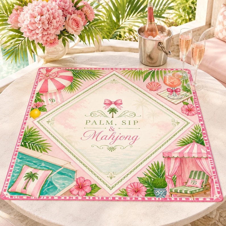 May include: A square pink placemat with a tropical theme. The placemat features a central diamond design with the words "PALM, SIP & Mahjong". It includes illustrations of a pool, beach umbrella, and a cabana. Pink flowers and palm fronds decorate the edges.
