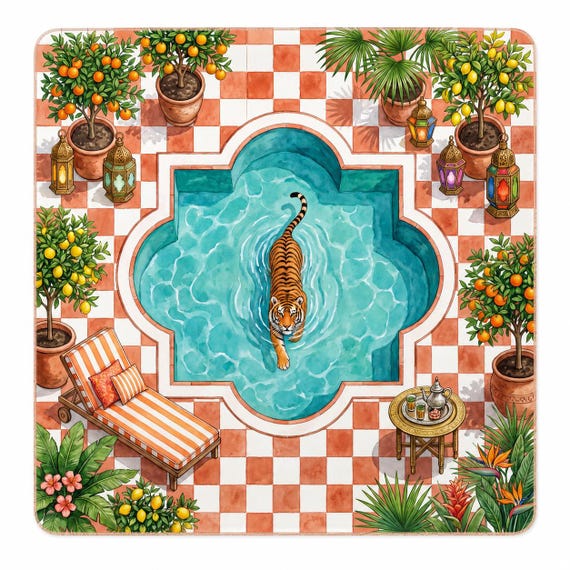 Tiger Mahjong Mat, Tropical Pool Mah Jongg Gift, Citrus Garden Game Table Cover, Colorful Neoprene Mat for Mahjong Lovers