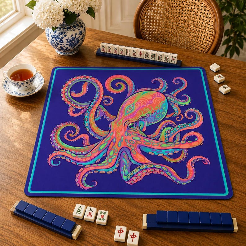 May include: A square game mat featuring a vibrant, multi-colored octopus illustration with swirling patterns in shades of pink, orange, green, and blue set against a deep navy blue background with a thin teal border frame.