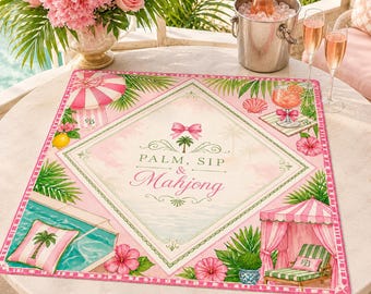 Palm, Sip Mahjong Mat 31.5×31.5″ – Handmade Summer Edition Game Board for Poolside Parties & Game Night
