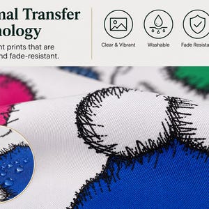 Op de afbeelding: Witte stof met een patroon van cirkelvormige figuren in blauw, roze en groen met zwarte schetsachtige omlijningen. De tekst luidt Thermal Transfer Technology, Clear & Vibrant, Washable, Fade Resistant en Long-Lasting Quality.