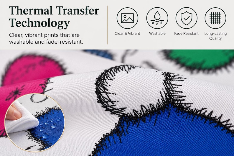 Op de afbeelding: Witte stof met een patroon van cirkelvormige figuren in blauw, roze en groen met zwarte schetsachtige omlijningen. De tekst luidt Thermal Transfer Technology, Clear & Vibrant, Washable, Fade Resistant en Long-Lasting Quality.