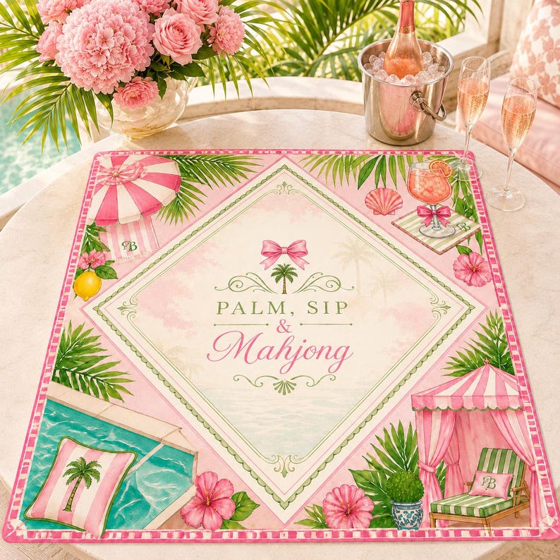 May include: A pink and green placemat with a tropical theme. The placemat features the text "PALM, SIP & Mahjong" in a diamond-shaped design, surrounded by palm trees, flowers, and a pool scene. A cocktail and champagne glasses are also visible.