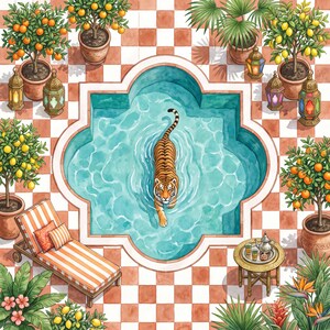 Op de afbeelding: Een aquarelillustratie van bovenaf gezien van een tijger die zwemt in een vierpasvormig zwembad. De sc&egrave;ne bevat een terras met terracotta tegels, sinaasappel- en citroenbomen in potten, decoratieve lantaarns, een ligstoel en een theetafel.