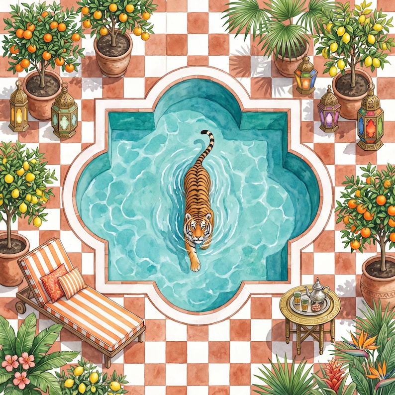 Op de afbeelding: Een aquarelillustratie van bovenaf gezien van een tijger die zwemt in een vierpasvormig zwembad. De sc&egrave;ne bevat een terras met terracotta tegels, sinaasappel- en citroenbomen in potten, decoratieve lantaarns, een ligstoel en een theetafel.