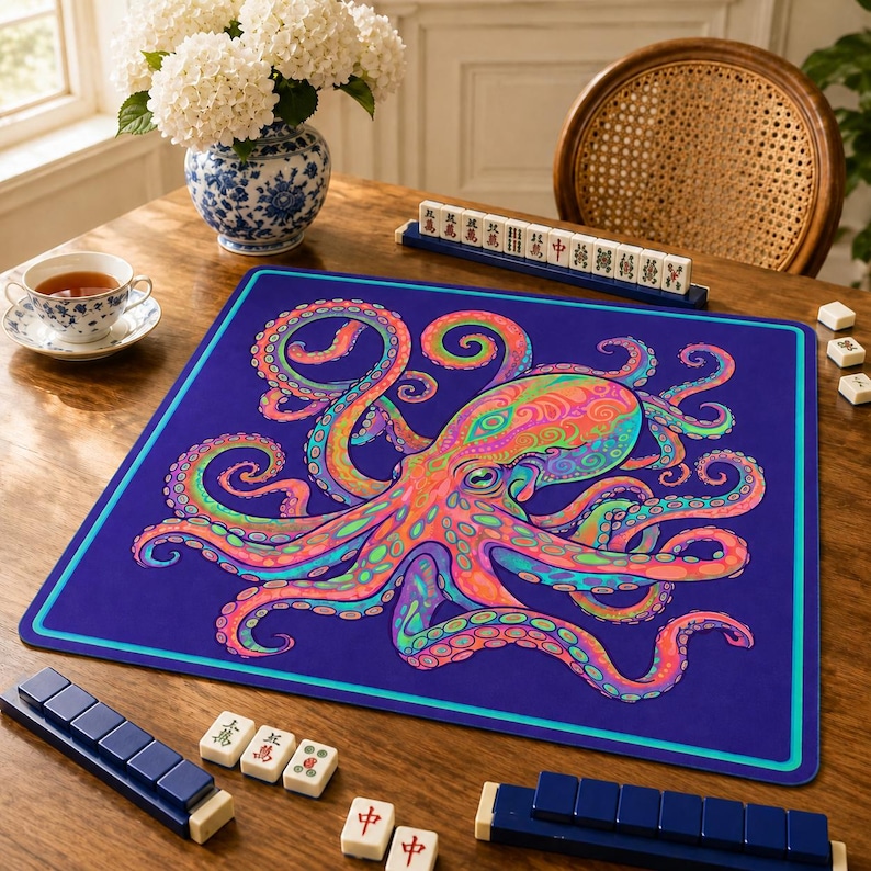 May include: A rectangular game mat featuring a vibrant, multi-colored octopus illustration with swirling patterns in shades of pink, orange, teal, and purple set against a deep blue background with a thin light blue border around the edge.