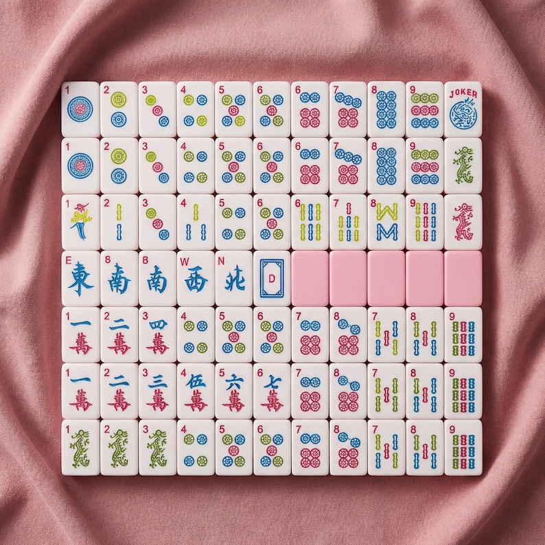 May include: A complete set of white Mahjong tiles with colorful markings, including numbers, symbols, and Chinese characters. The tiles are arranged on a pink fabric background, showcasing the game's components.