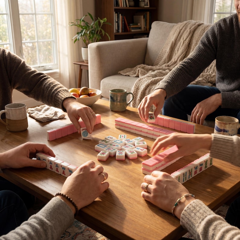 May include: A group of people playing mahjong on a wooden table. The game features pink and white tiles with various symbols and characters. Several hands are visible, arranging and selecting tiles. Mugs and a bowl of fruit are also on the table.
