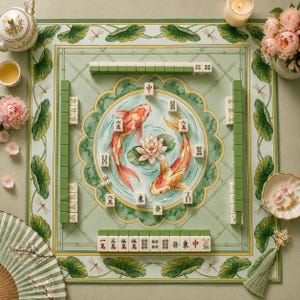 Zen Koi American Mahjong Mat / Mah Jongg Table Mat, Lotus Pond Neoprene Game Mat, Calm Garden Aesthetic Mahjong Decor
