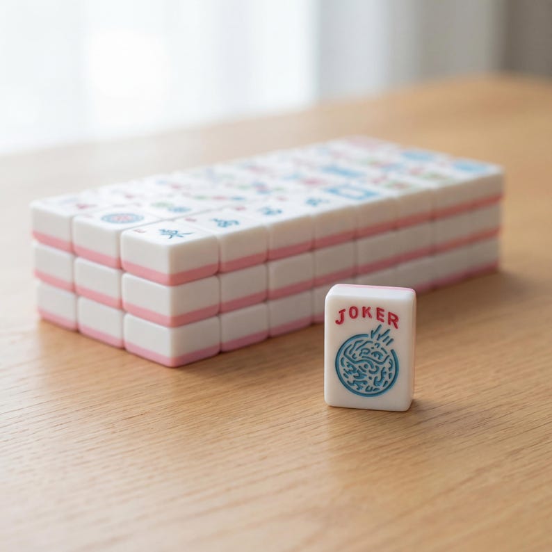 May include: A set of white and pink Mahjong tiles, with a single tile in focus. The tiles are stacked in a rectangular shape. The single tile reads "JOKER" and features a blue design. The game pieces are on a light brown wooden surface.