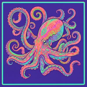 May include: A square graphic illustration of an octopus centered on a deep purple background. The octopus features vibrant neon pink, orange, and teal patterns with intricate swirling details across its head and eight long, curling tentacles.