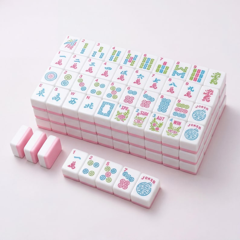 May include: A complete Mahjong set with white tiles featuring colorful symbols and characters. The tiles have pink accents and are stacked neatly. Several spare tiles are arranged separately, ready for play.