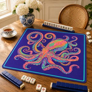 Mahjong Mat, Colorful Octopus Mahjong Table Mat, Navy Blue Coastal Game Night Decor, Mahjong Gift for Women image 4