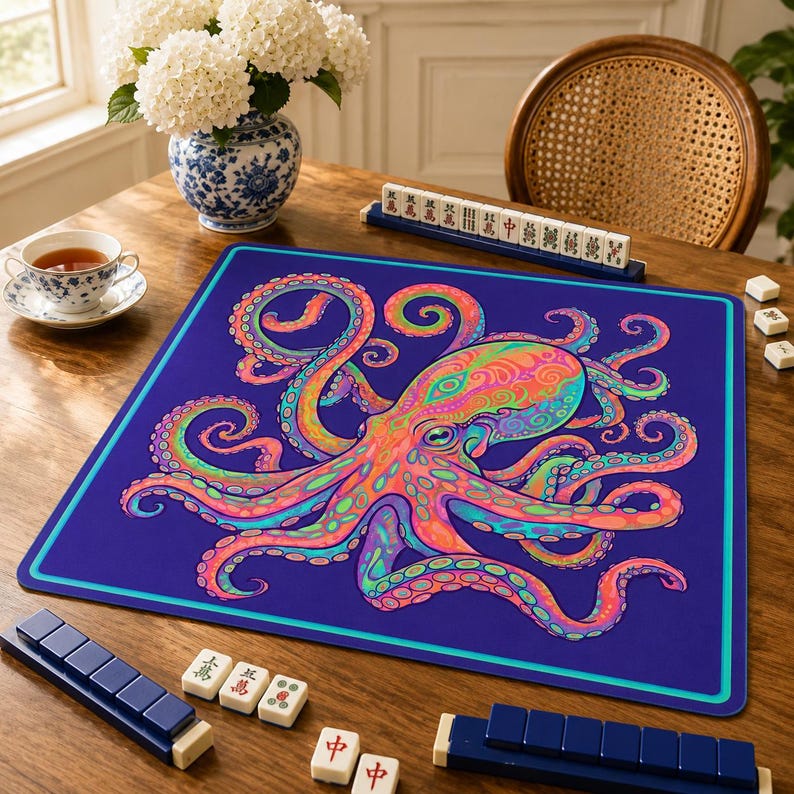 Mahjong Mat, Colorful Octopus Mahjong Table Mat, Navy Blue Coastal Game Night Decor, Mahjong Gift for Women image 4