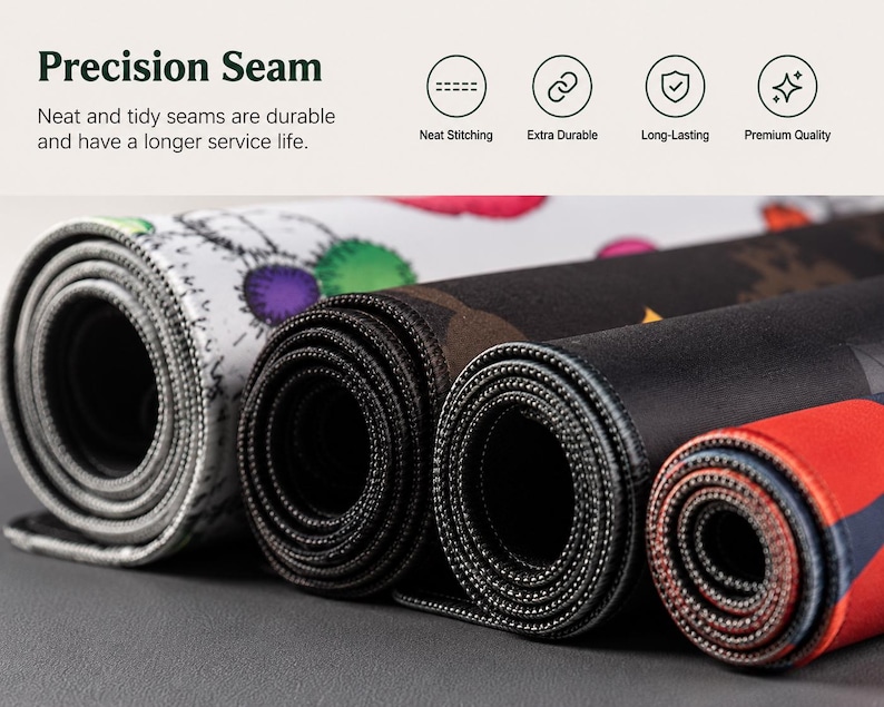 Op de afbeelding: Vier opgerolde bureaumatten met diverse grafische patronen en kleuren, waaronder wit, zwart en rood. De matten hebben een precisienaad langs de randen met nette stiksels. De tekst op de afbeelding luidt Precision Seam, Neat Stitching, Extra Durable, Long-Lasting, Premium Quality.