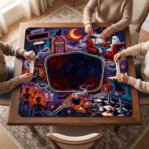 May include: A square game mat featuring a vibrant Halloween-themed diner illustration with skeletons, ghosts, a jukebox, and a crescent moon. The design includes a black central area, checkered floor, and neon accents, with hands holding game tiles.