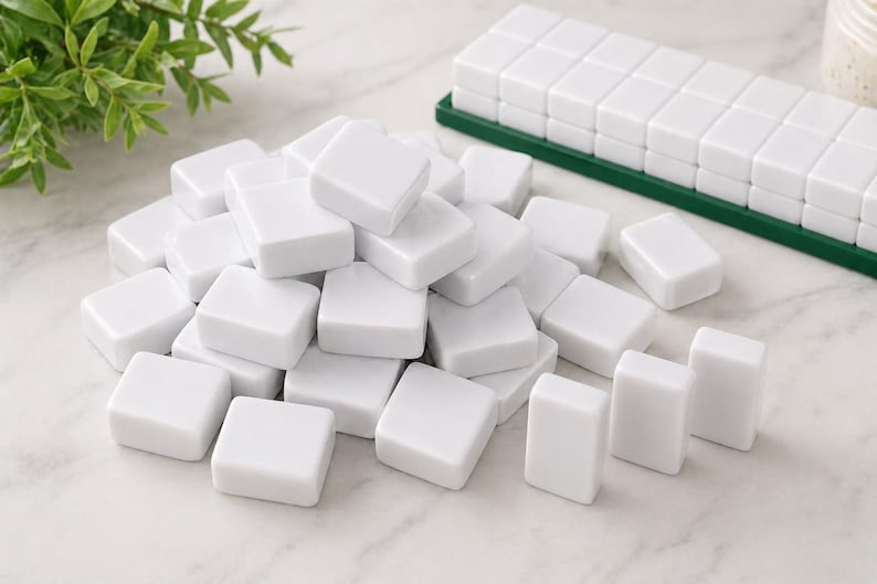 May include: A collection of white Mahjong tiles, some scattered and others neatly arranged in a green tray. The tiles are square with rounded edges, suggesting a classic game set. Green foliage is visible in the background.