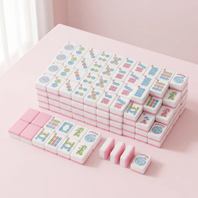 May include: A complete Mahjong set with white tiles featuring colorful symbols and numbers. The tiles have pink edges and are arranged on a pink surface. Includes pink tile racks and dice.