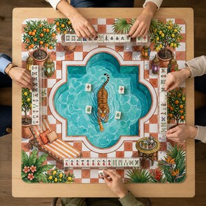Op de afbeelding: Een vierkante mahjong-speelmat met een centraal turquoise zwembad met een tijgerillustratie, omringd door citrusbomen in potten, lantaarns en een ligstoel. De mat heeft een wit-oranje geblokte rand en bevat mahjong-tegels.