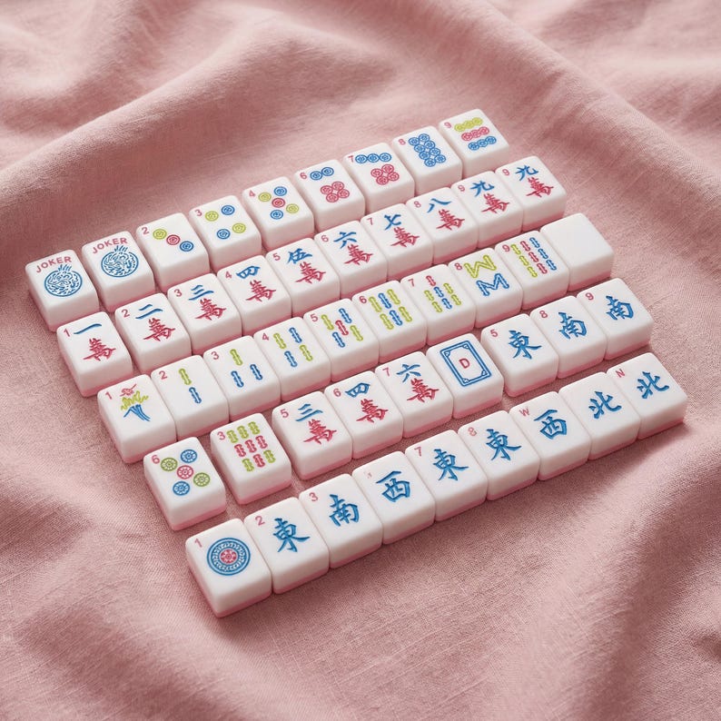 May include: A collection of white Mahjong tiles with red, blue, and green markings, including Chinese characters and numbers. The tiles are arranged on a pink fabric surface, showcasing the game's components.