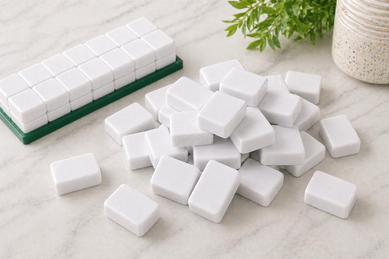 May include: A collection of white rectangular tiles, some scattered and others neatly stacked on a green tray. The tiles are smooth and uniform, suggesting a game or puzzle. The background includes greenery and a decorative vase.