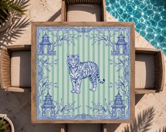 Mahjongmat, groene neopreen mahjongtafelmat, antislip mahjongmat, blauw-wit tijger chinoiserie design, gepersonaliseerd cadeau