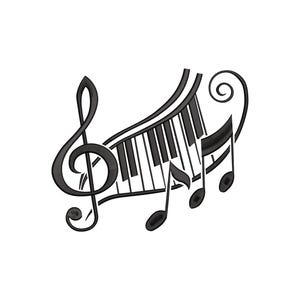 Desenho de bordado com teclas de piano e clave de sol, padrão de notas musicais, download instantâneo