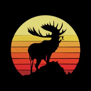 Retro Moose Embroidery Design, Sunset Forest Silhouette, Instant Download