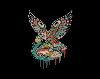 Eagle Salmon Machine Embroidery Design, Pacific Northwest Totem Style Pattern, Instant Download