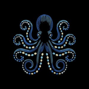 Puede incluir: Ilustración detallada de un pulpo en tonos azules y blancos sobre un fondo negro. El pulpo tiene ocho tentáculos rizados y un diseño detallado y texturizado, creando un efecto visual impactante.