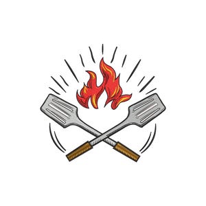 Op de afbeelding: Illustratie van gekruiste spatels met houten handvatten, een rood-oranje vlam en stralende lijnen. Het ontwerp is een symbool van grillen en barbecueën, perfect voor een restaurant of thuiskok.