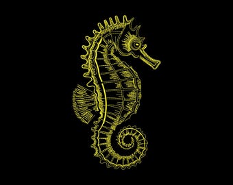 Diseño de bordado a máquina de caballito de mar dorado, elegante diseño náutico, descarga digital instantánea.