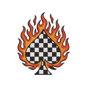 May include: Embroidered patch featuring a flaming ace of spades design. The spade is filled with a black and white checkered pattern, surrounded by orange and yellow flames. The patch is likely for clothing or accessories.